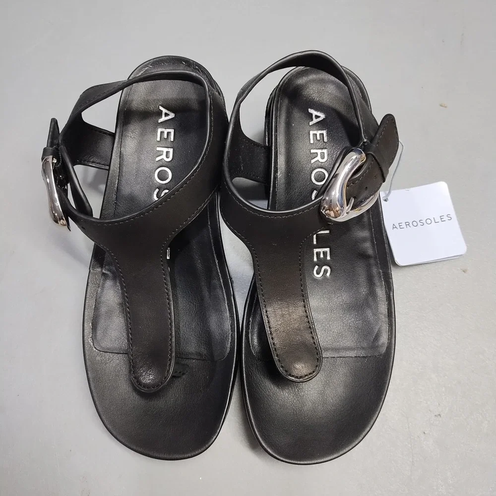 Aerosoles California Platform Thong Sandals Womens 5M Black Leather Buckle Strap